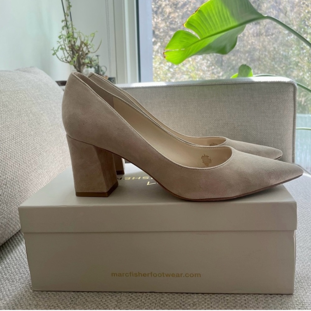 Marc Fisher Cream Block Heel Pumps with Pointed Toe